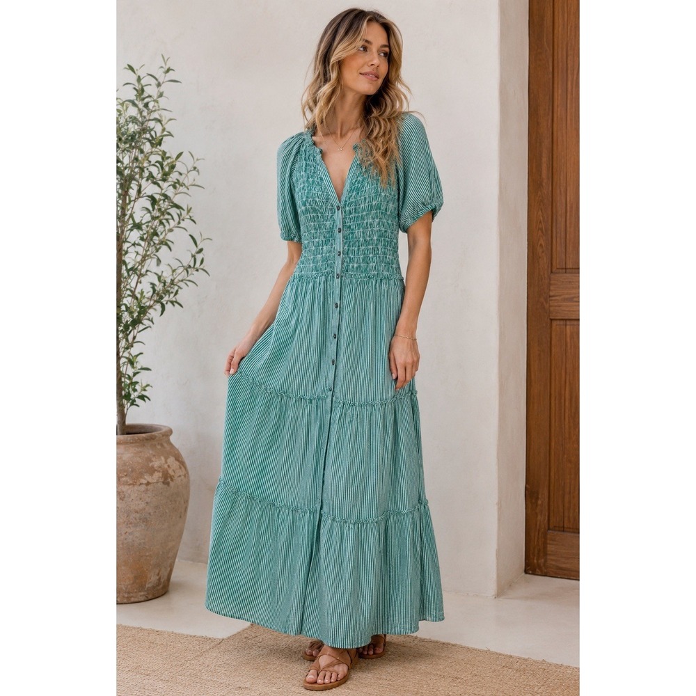 SUNDANCE Peasant Prairie Tiered Maxi Dress Seersucker Smock Puff Sleeve Ruffle M